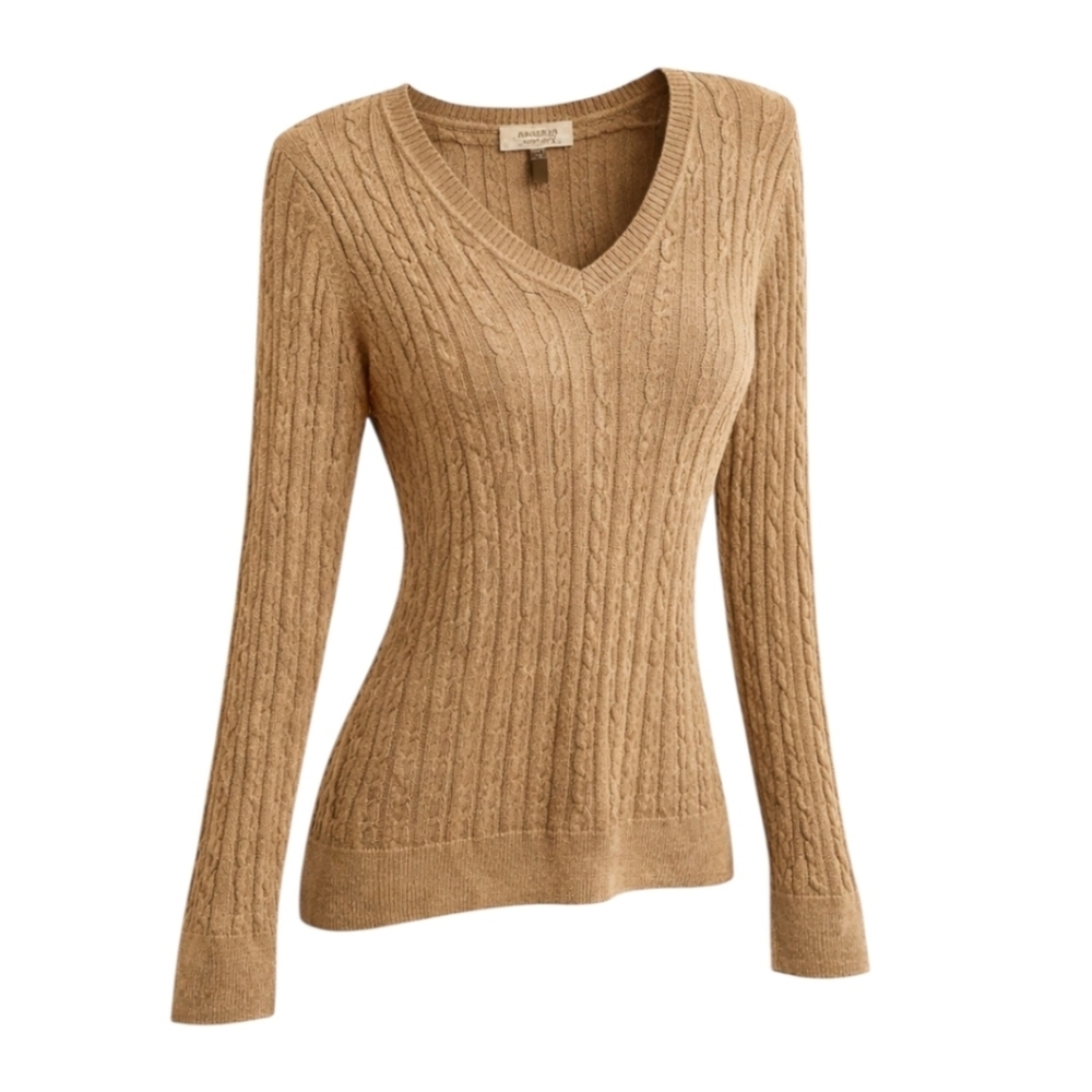 SONOMA women's medium tan V- neck cable knit sweater New no tags - Picture 5 of 9